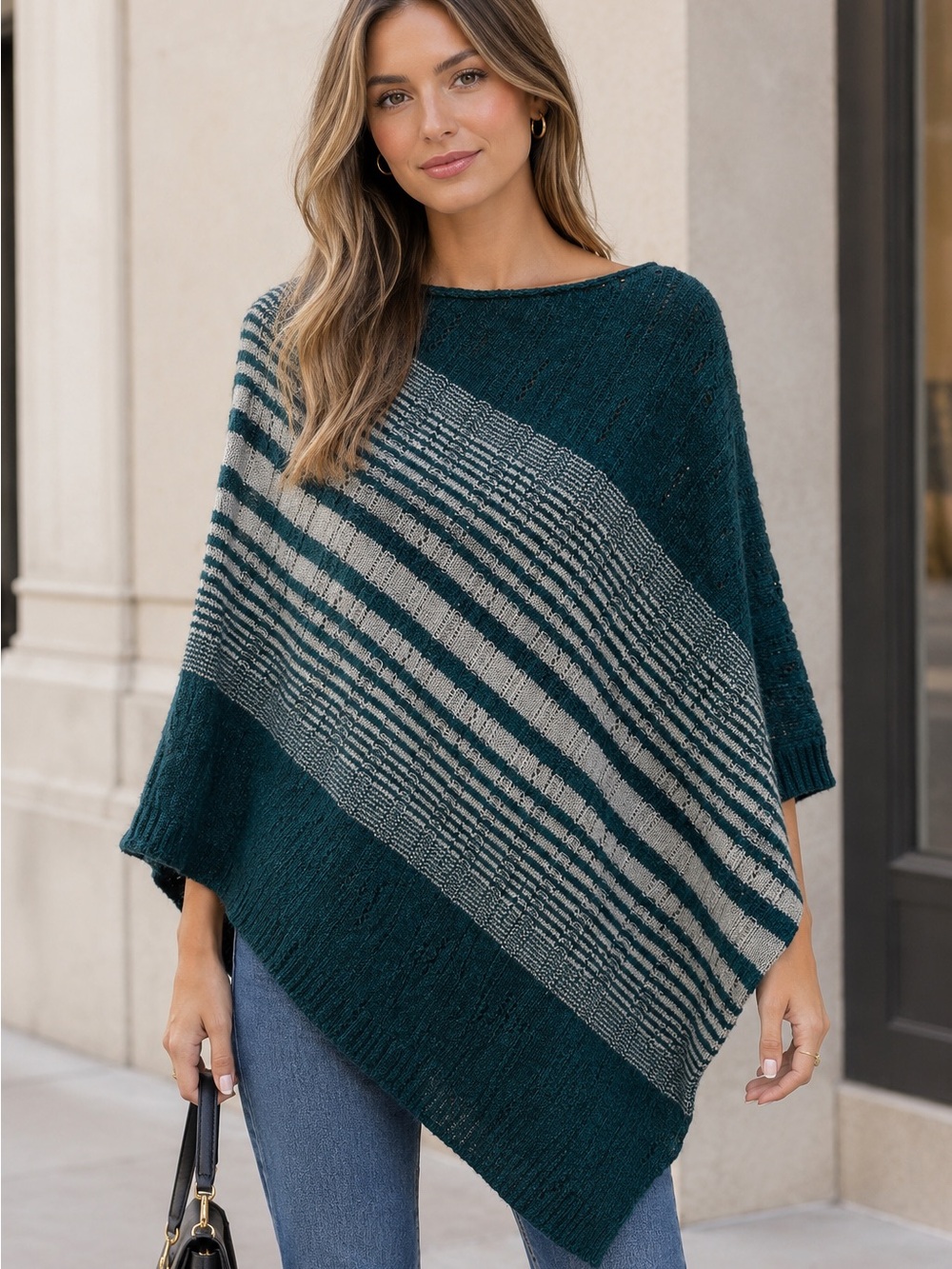 Tarnish Teal and Gray Striped Knit Poncho